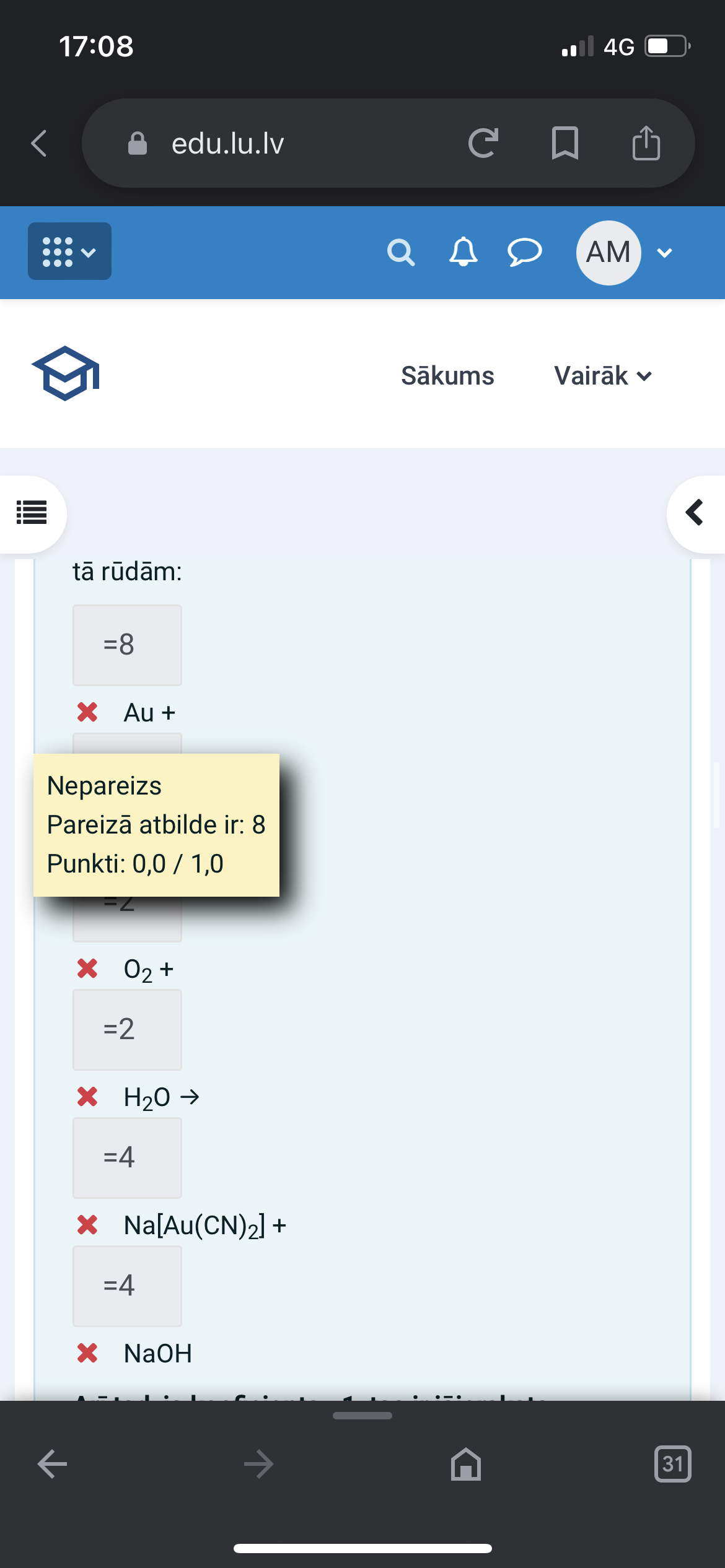 uzdevums ar koeficientiem, sakārto koeficientus, rakstīts caur =, atbilde pareiza, bet neizlasīta = zīmes dēļ