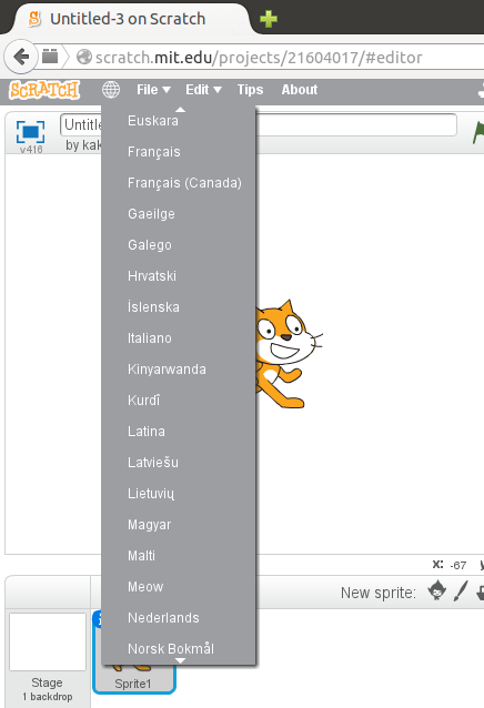 10.att. Saskarnes valodas izvēle tiešsaistes Scratch 2 versijā.