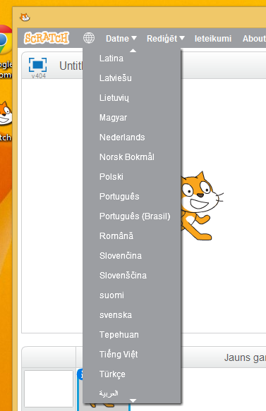 10.att. Saskarnes valodas izvēle nesaistes Scratch 2 versijā.